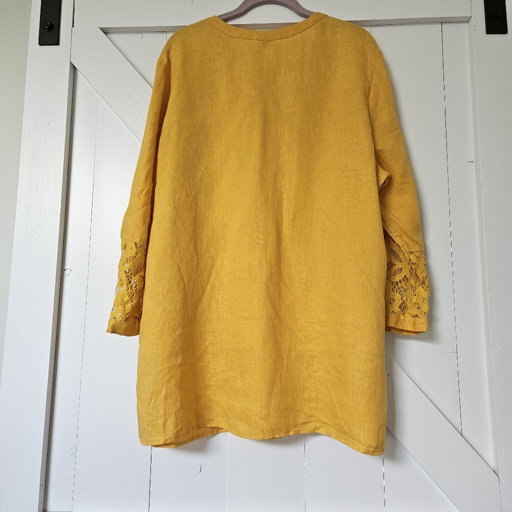 Chico’s 100% linen loose artsy lace top Lagenlook blouse yellow XL - Picture 9 of 10